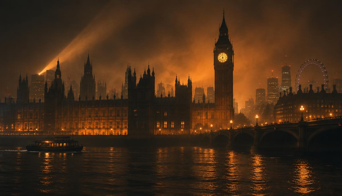 Skyline nocturne de Londres avec Big Ben dans une lumière orange cinématographique