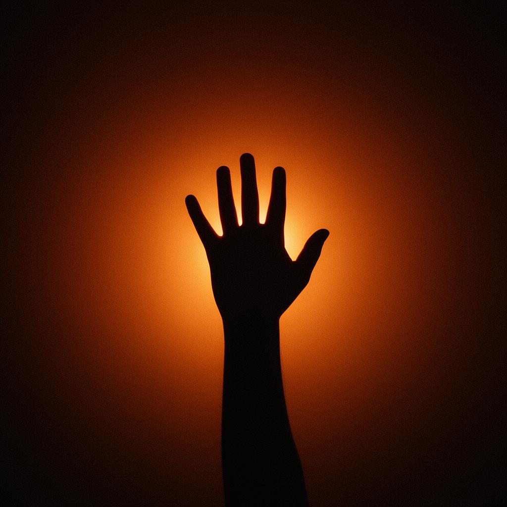 Silhouette di una mano alzata controluce davanti a un sole arancione, simbolo della campagna Orange the World