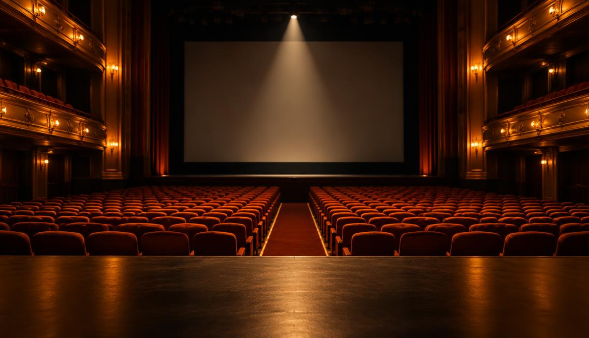 Sala cinematografica vuota con schermo illuminato, in attesa della prima edizione del Grifo Festival
